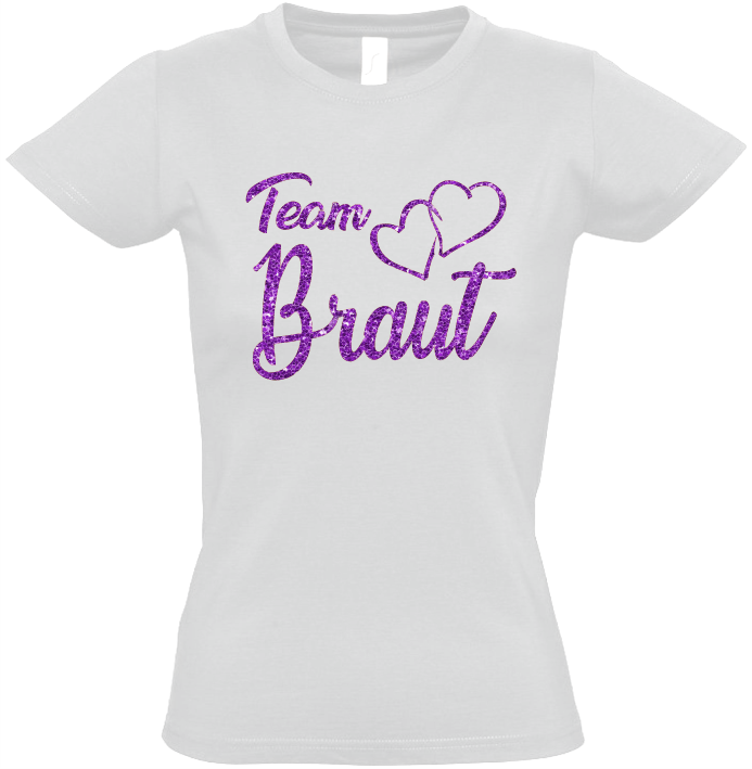 +++Polterabend T-Shirt - glitzer-lila-weiß Team Braut - zum Schließen ins Bild klicken
